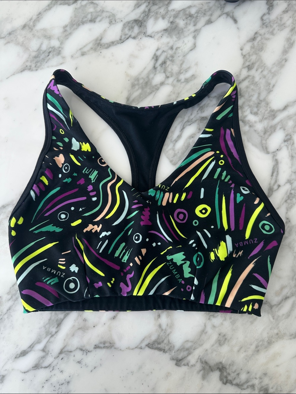 Zumba Black Neon Doodle Print Sports Bra Small